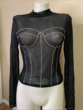 Moulin rouge cabaret rhinestone Black stretch Mesh Top M